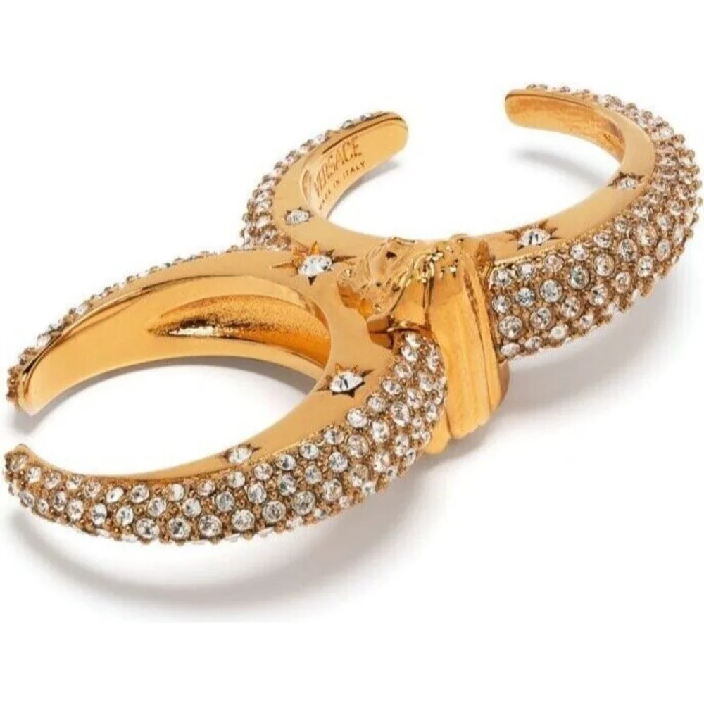 Versace Galaxy Medusa Crystal Engraved Cuff Double Ring Gold Tone Sz L NWT $525